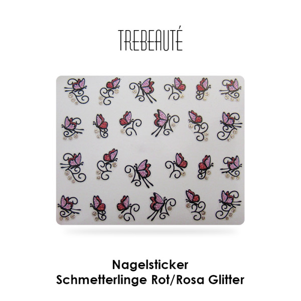 Nagelsticker Schmetteringe Rot/Rosa Glitter